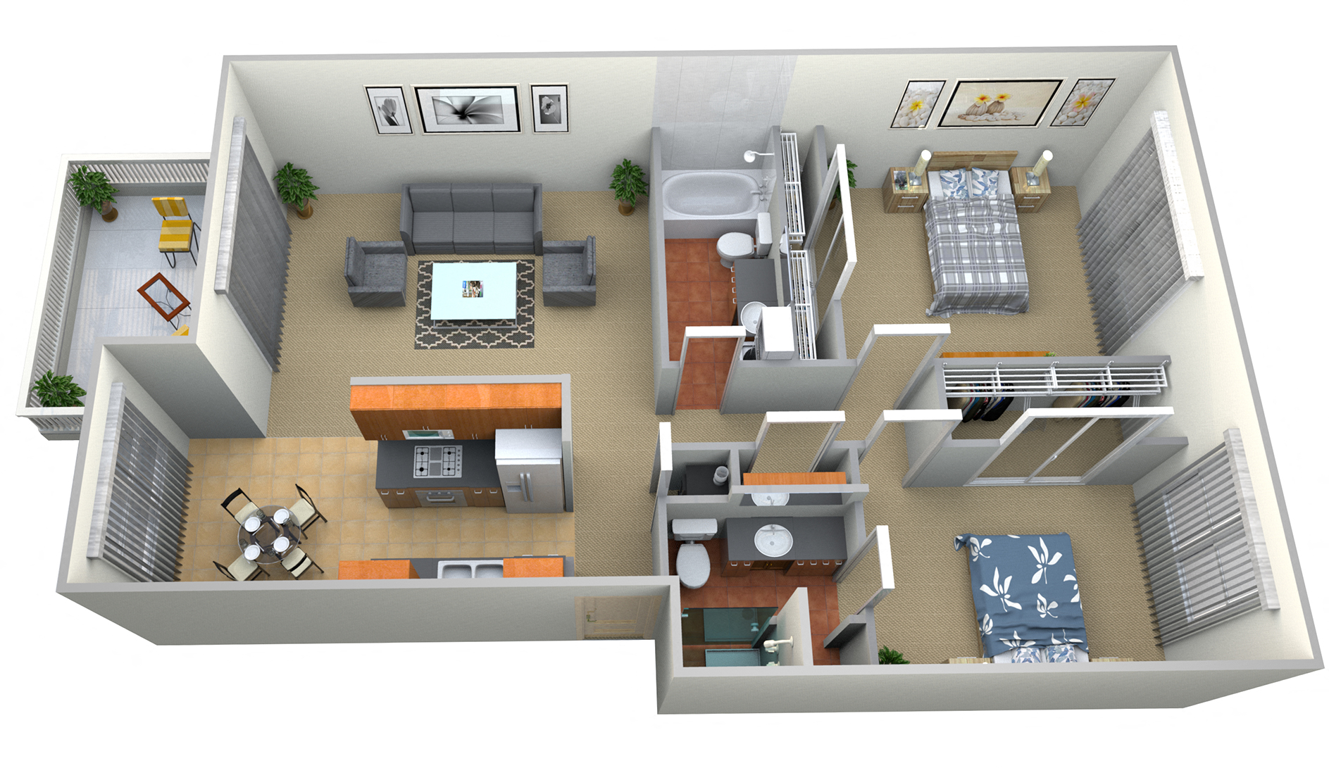 Floor plan for 2 beds, 2 baths, 1035 sqft